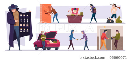 Drugs. Bad businessmen selling drugs pills and medical marijuana exact vector people 96660071