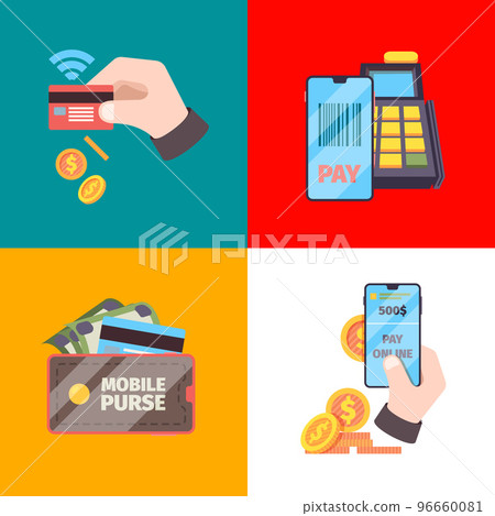 Online payment. nfc cards mobile smartphone payments electronic money. vector concept pictures Online payment. nfc cards mobile smartphone payments electronic money. vector concept pictures 96660081