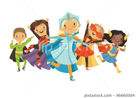 Kids heroes. children in superheroes costumes standing in action poses. Vector cartoon characters Kids heroes. children in superheroes costumes standing in action poses. Vector cartoon characters 96660084
