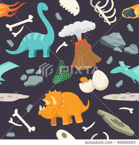 Dinosaur pattern. cave prehistoric period objects bones rocks volcano meteorite and dinosaurs seamless background Dinosaur pattern. cave prehistoric period objects bones rocks volcano meteorite and dinosaurs seamless background 96660085