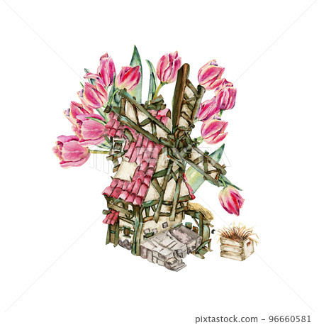 Hand drawn watercolor pink flowers tulips and windmill with pink roof. It's perfect for greeting cards, wedding invitation, birthday and mothers day cards. isolated on white background. Hand drawn watercolor pink flowers tulips and windmill with pink roof. It's perfect for greeting cards, wedding invitation, birthday and mothers day cards. isolated on white background. 96660581