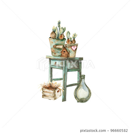 Hand drawn watercolor home comfort elements and germinated tulip bulbs. Old stool, flower pots, nest .isolated on white background. Watercolor hand drawn illustration. Can be use for posters. Hand drawn watercolor home comfort elements and germinated tulip bulbs. Old stool, flower pots, nest .isolated on white background. Watercolor hand drawn illustration. Can be use for posters. 96660582