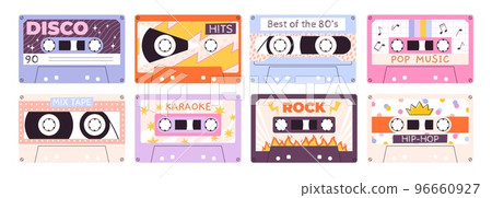 Cartoon retro tape audio cassette. Stereo music 90s 80s style. Vintage rock and jazz, old mixtape sounds. Analogue records, 1980 tapes devices racy vector set 96660927