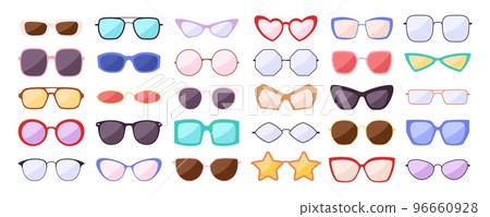 Sunglasses fashion silhouette. Cool kids spectacles in color rim. Isolated glasses, trendy eyewear icons. Racy vector stylish summer accessories 96660928