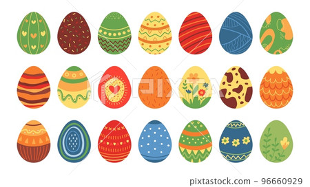 Flat easter isolated eggs. Sweet table decoration, spring festival egg decor templates. Holy holiday classy vector stickers, doodle creative food 96660929