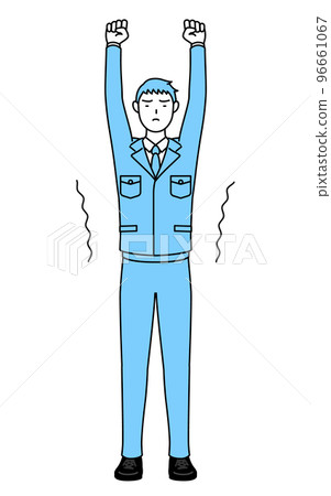 A simple line drawing of a man wearing work clothes that stretches 96661067