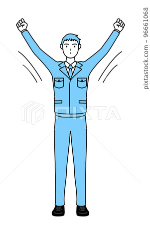 A simple line drawing of a man wearing work clothes doing radio calisthenics 96661068