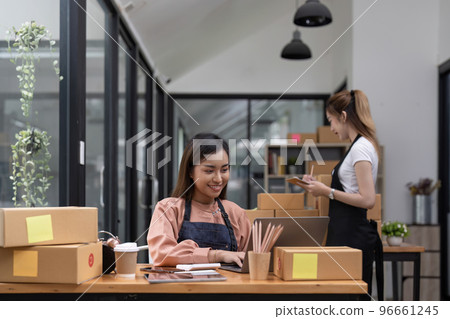 Two Asian young woman working together for SME project. Young Owner people startup for Business Online, SME, Delivery Project. Online Business and Small business Concept 96661245