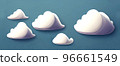 White clouds set isolated on a blue background. Cartoon clouds icon.  96661549