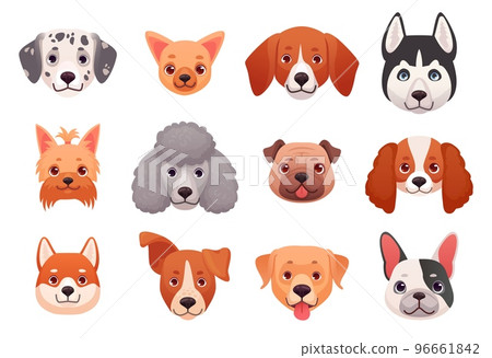 Dog faces emoticons. Breed dogs puppy heads, draw happy pets character cute face canine head breeds husky beagle labrador yorkshire poodle set cartoon ingenious vector illustration Dog faces emoticons. Breed dogs puppy heads, draw happy pets character cute face canine head breeds husky beagle labrador yorkshire poodle set cartoon ingenious vector illustration 96661842
