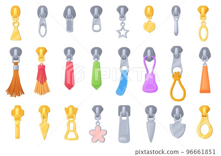 Zipper pulls. Zippers puller with leather tassel on cord for zip backpack, elegant puller golden metal clasp luggage or handbags slider buckle accessories, neat vector illustration Zipper pulls. Zippers puller with leather tassel on cord for zip backpack, elegant puller golden metal clasp luggage or handbags slider buckle accessories, neat vector illustration 96661851