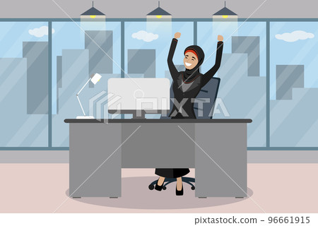 Happy arab businesswoman is sitting at a table in modern office Happy arab businesswoman is sitting at a table in modern office 96661915