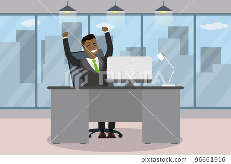 Happy african american businessman is sitting at a table in mode Happy african american businessman is sitting at a table in mode 96661916