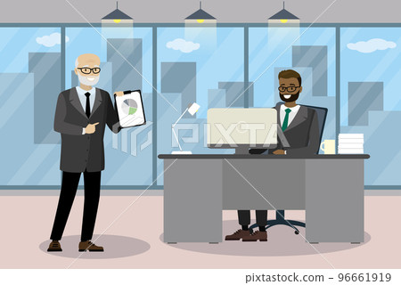 two cartoon businessmen communicate in modern office two cartoon businessmen communicate in modern office 96661919