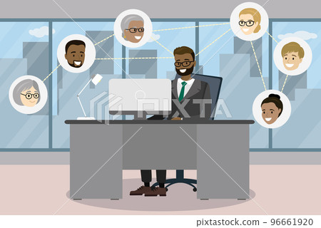 Businessman sitting at desk in modern office and communicating i Businessman sitting at desk in modern office and communicating i 96661920