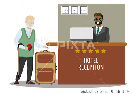 male receptionist and Caucasian old man tourist male receptionist and Caucasian old man tourist 96661939