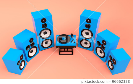 Set of Hi-fi speakers and DJ turntable for sound recording studio on coral 96662328
