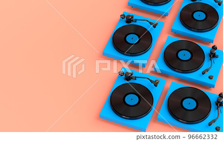Set of vinyl record player or DJ turntable with retro vinyl disk on coral Set of vinyl record player or DJ turntable with retro vinyl disk on coral 96662332