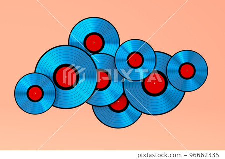 Set of vinyl LP records with label isolated on coral background. Set of vinyl LP records with label isolated on coral background. 96662335