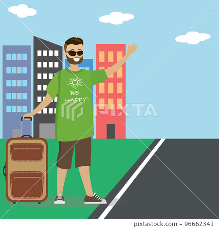 Caucasian man with suitcase hitchhiking Caucasian man with suitcase hitchhiking 96662341