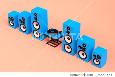 Set of Hi-fi speakers and DJ turntable for sound recording studio on coral Set of Hi-fi speakers and DJ turntable for sound recording studio on coral 96662363