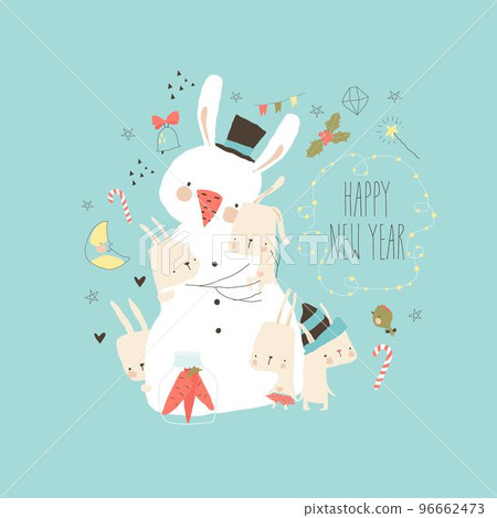 New Year s Card with Cute Snowman hugging Rabbits New Year s Card with Cute Snowman hugging Rabbits 96662473