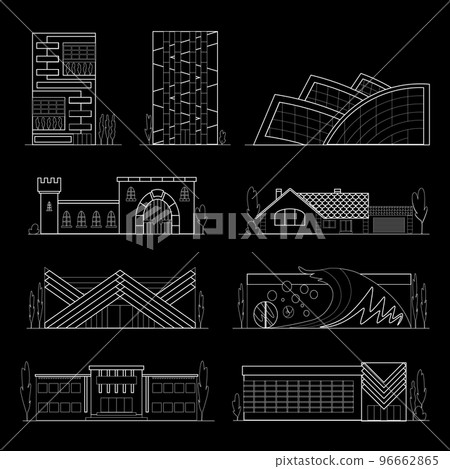 Sketch building facade white line style on black. City contour isolated symbols store and shop, home and office. Jpeg outline town icons of commercial architecture, old and modern buildings Sketch building facade white line style on black. City contour isolated symbols store and shop, home and office. Jpeg outline town icons of commercial architecture, old and modern buildings 96662865