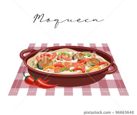 Brazilian fish soup with shrimp, coconut milk and chili, Moqueca, Latin American cuisine. Food illustration, vector Brazilian fish soup with shrimp, coconut milk and chili, Moqueca, Latin American cuisine. Food illustration, vector 96663648