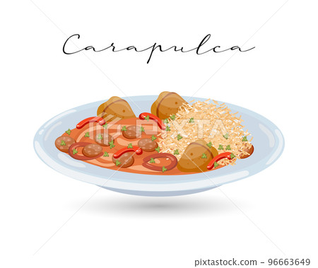 Rice with meat, sausage pieces and vegetables, Carapulca, Latin American cuisine. National cuisine of Peru. Food illustration, vector Rice with meat, sausage pieces and vegetables, Carapulca, Latin American cuisine. National cuisine of Peru. Food illustration, vector 96663649