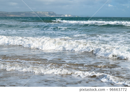 Seaside town of Weymouth in Dorset, United Kingdom. View of the waves in the sea, selective focus 96663772