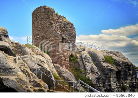 Stump of an old tower ruin on a sandstone rock Stump of an old tower ruin on a sandstone rock 96663840
