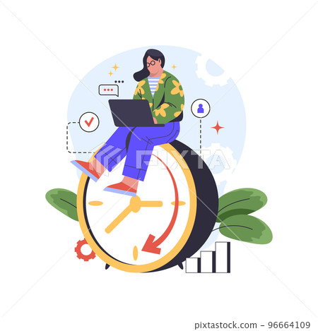 Woman or freelancer works full time, vector image. 96664109