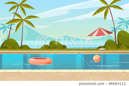 Pool view or poolside scenery, vector banner Pool view or poolside scenery, vector banner 96664112