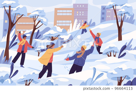 Children throw a snowballs outdoors, vector image Children throw a snowballs outdoors, vector image 96664113