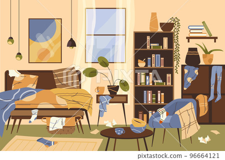Dirty room interior, vector banner or background. Dirty room interior, vector banner or background. 96664121