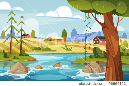 River landscape, scape of lake bank, vector banner 96664122