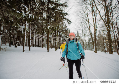 Senior couple skiing together in the middle of forest. Senior couple skiing together in the middle of forest. 96664338