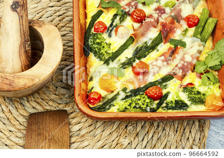 Casserole with asparagus and bacon in baking dish Casserole with asparagus and bacon in baking dish 96664592