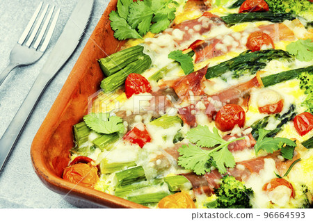 Asparagus casserole with bacon. Asparagus casserole with bacon. 96664593