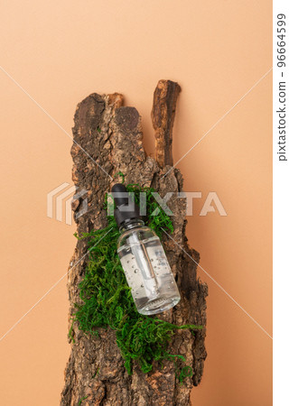 Cosmetic bottle with gel or other cosmetic product on bark with moss. Natural organic cosmetic. Beauty concept. Front view. Vertical 96664599