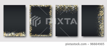 Banners with golden shiny confetti on black. Vector flyer templates for wedding, invitation cards, business brochure design, certificates. Banners with golden shiny confetti on black. Vector flyer templates for wedding, invitation cards, business brochure design, certificates. 96664985