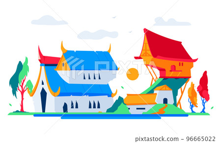 Cathedral and peasant huts - modern flat design style illustration Cathedral and peasant huts - modern flat design style illustration 96665022