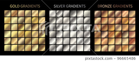 Gold, silver, bronze gradients vector. Metallic gradients set vector color swatches. For Christmas cards, banners, fonts, New Year Eve party flyers, invitation design, medal, ribbon, certificate 96665486