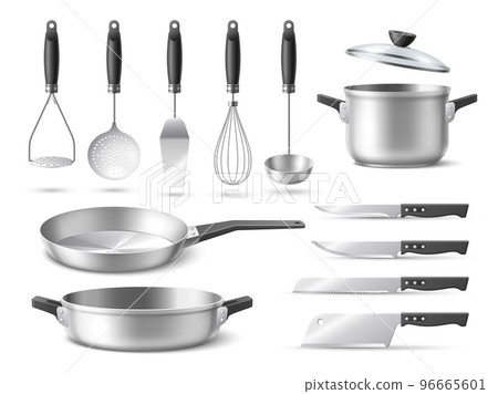 Realistic utensil. Metal kitchenware, cooking tools, pots and frying pans with lids, kitchen stainless accessories, different knives, skimmers and corollas, 3d elements, utter vector set Realistic utensil. Metal kitchenware, cooking tools, pots and frying pans with lids, kitchen stainless accessories, different knives, skimmers and corollas, 3d elements, utter vector set 96665601