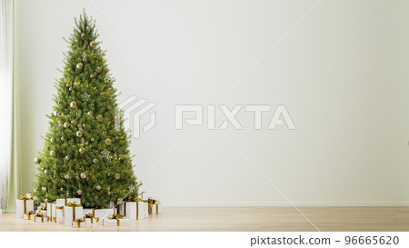 Empty room interior with decorated Christmas tree with festive lights, ornaments, gifts, 3d rendering Empty room interior with decorated Christmas tree with festive lights, ornaments, gifts, 3d rendering 96665620