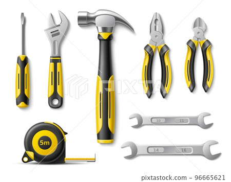 Realistic hand tools. Different worker instruments. Top view wrench, screwdriver and pliers, construction tape measure, 3d objects, hammer with rubber handles, metal parts, utter vector set Realistic hand tools. Different worker instruments. Top view wrench, screwdriver and pliers, construction tape measure, 3d objects, hammer with rubber handles, metal parts, utter vector set 96665621