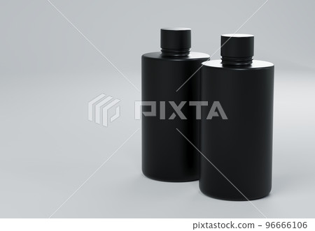 Two black plastic shampoo bottles standing on gray background 3D render business template 96666106