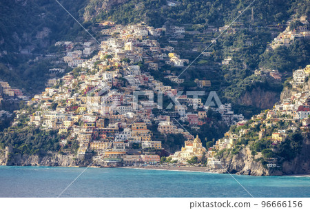 Touristic Town, Positano, on Rocky Cliffs and Mountain Landscape by the Sea. Amalfi Coast, Italy 96666156