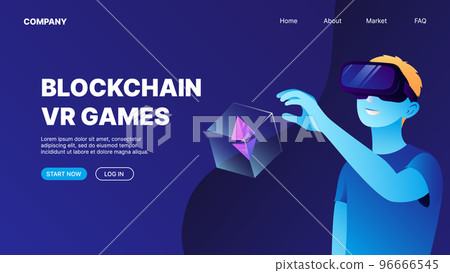 A man in VR glasses found a box with cryptocurrency. Blockchain VR Games. P2E Crypto Games Landing Page Concept 96666545