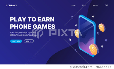 Smartphone with flying coins. P2E Crypto Games Landing Page Concept. Play to Earn phone games Smartphone with flying coins. P2E Crypto Games Landing Page Concept. Play to Earn phone games 96666547